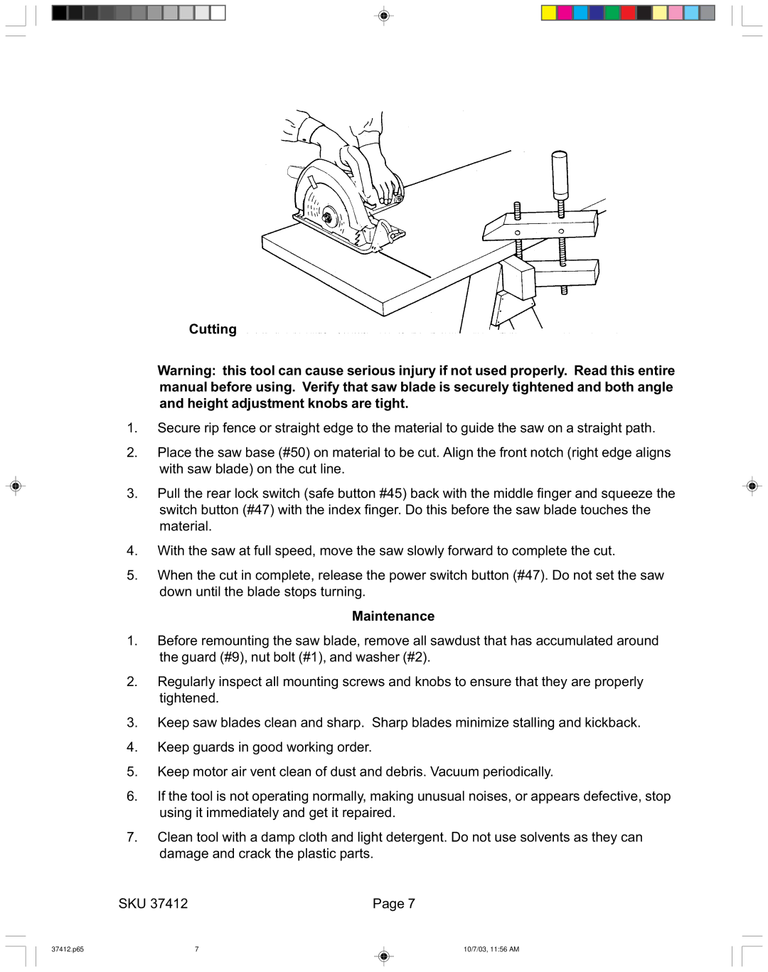 Harbor Freight Tools operating instructions 37412.p65 10/7/03, 1156 AM 