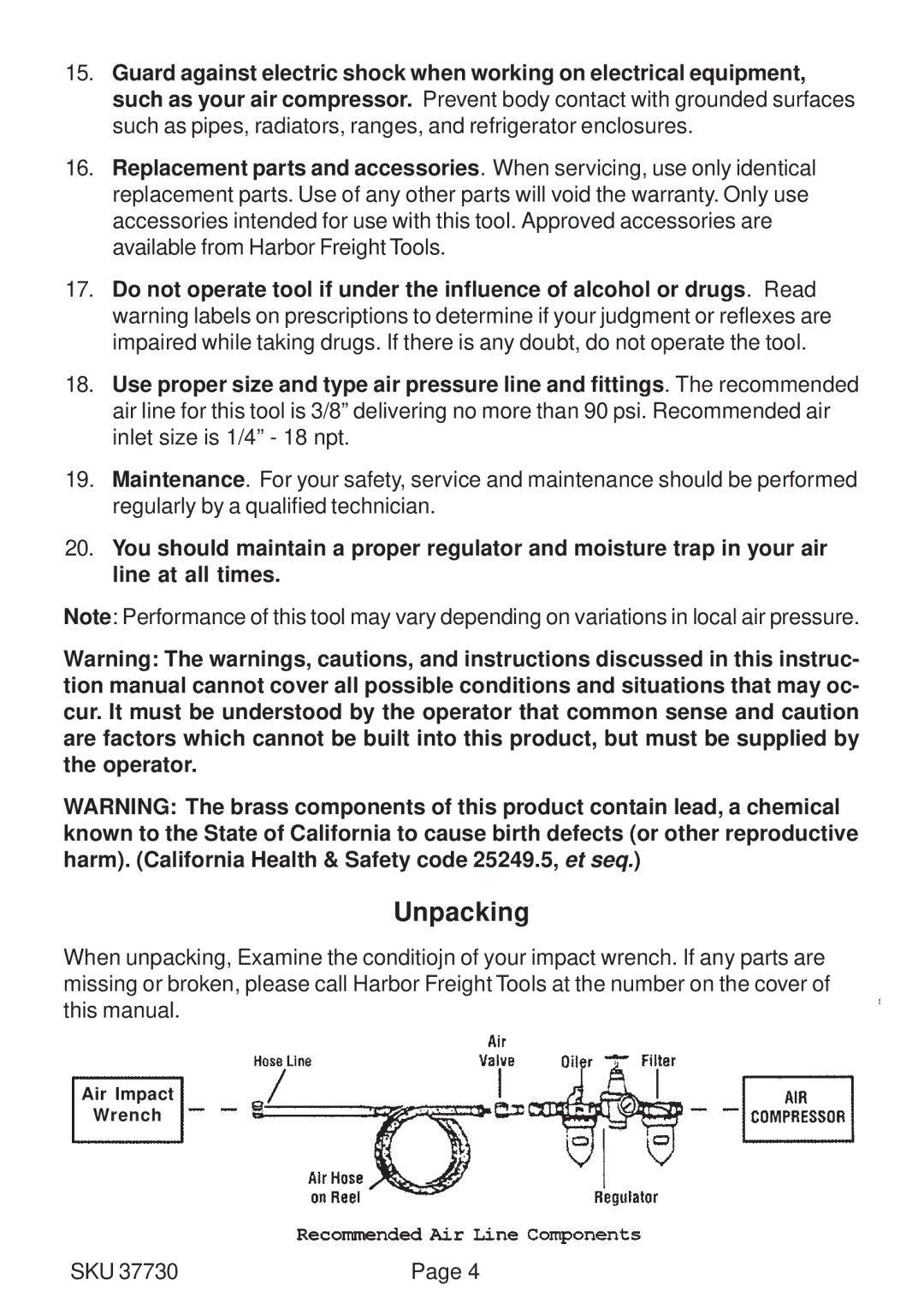 Harbor Freight Tools 37730 operating instructions Unpacking 