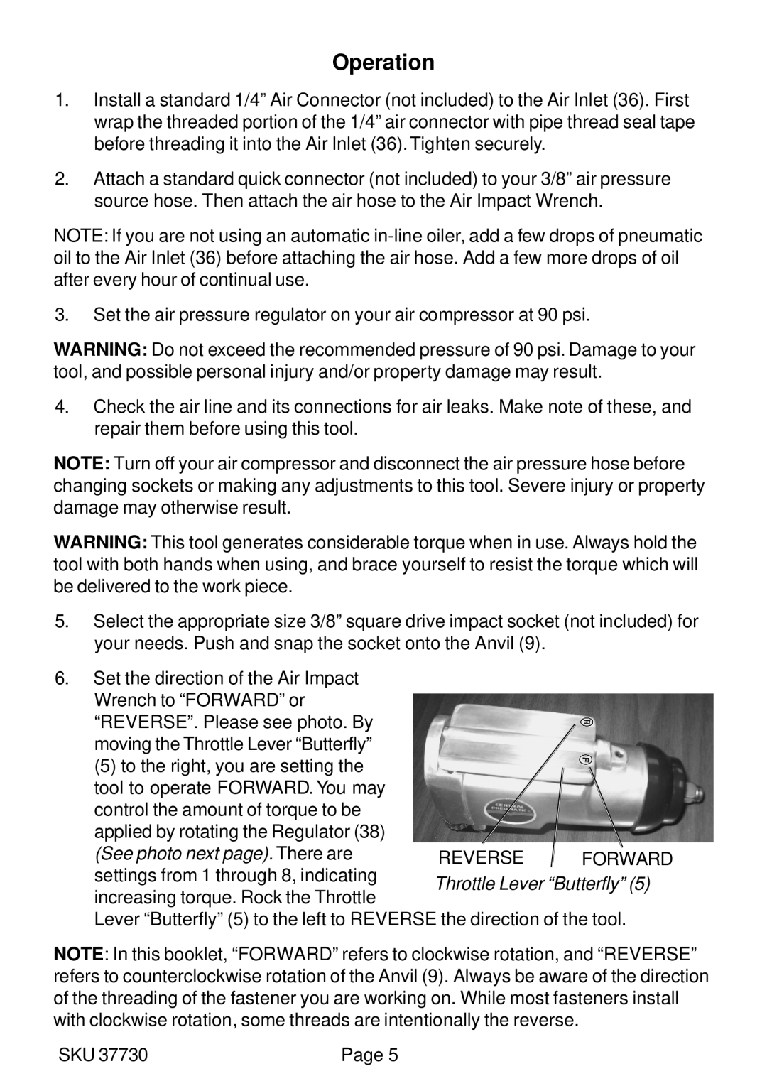 Harbor Freight Tools 37730 operating instructions Operation 