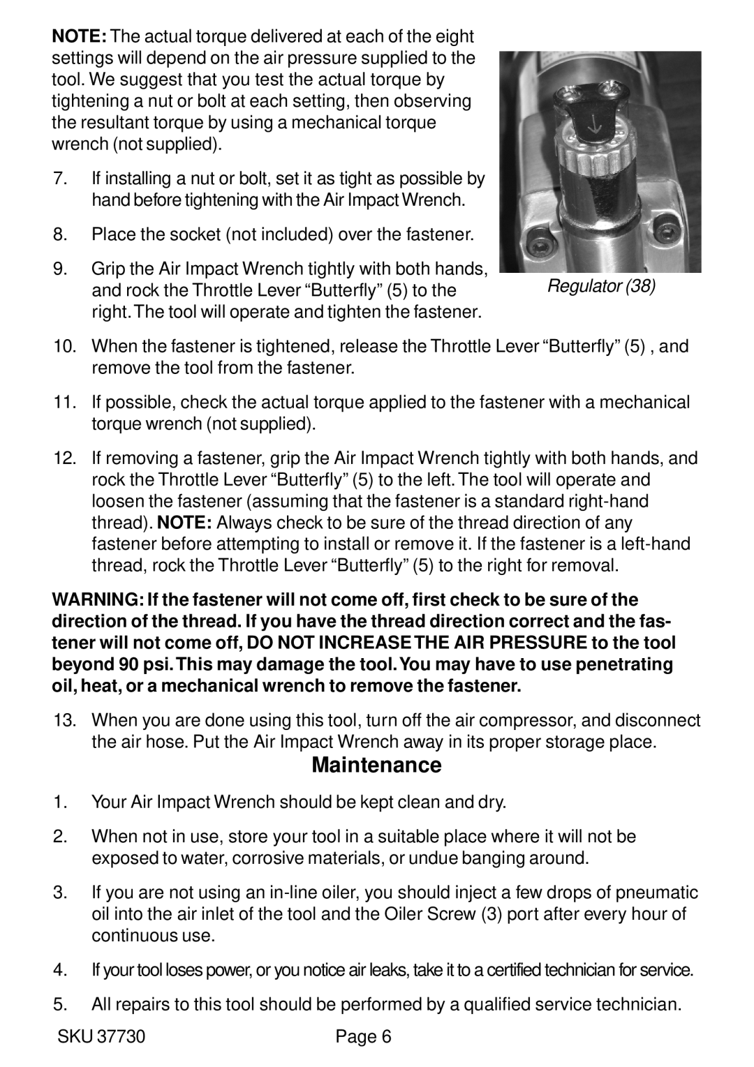 Harbor Freight Tools 37730 operating instructions Maintenance, Regulator 