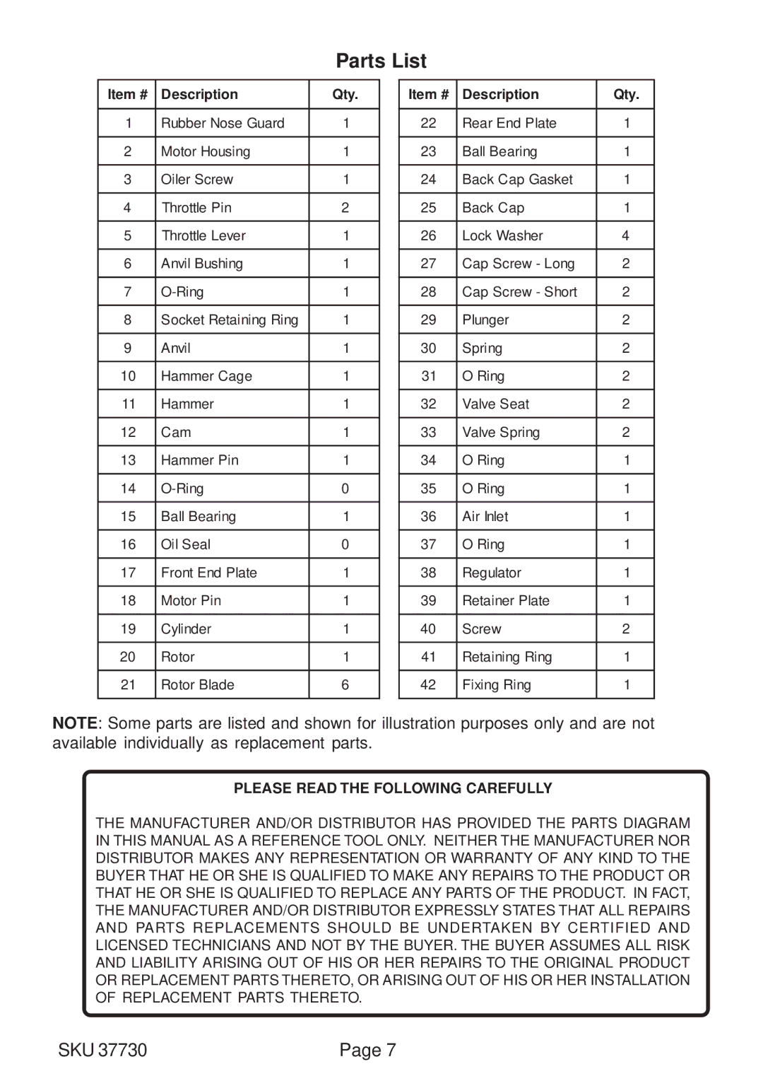 Harbor Freight Tools 37730 operating instructions Parts List 