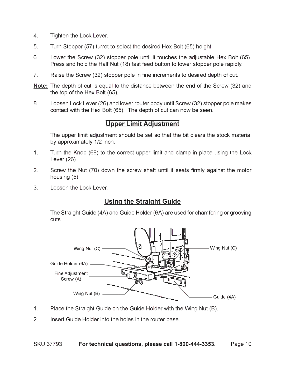 Harbor Freight Tools 37793 operating instructions Upper Limit Adjustment, Using the Straight Guide 