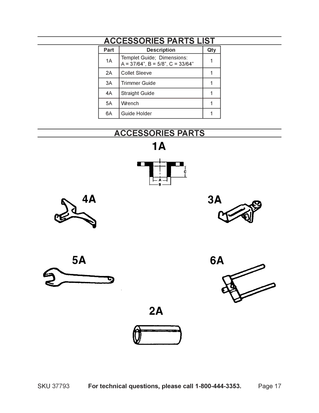 Harbor Freight Tools 37793 operating instructions Accessories Parts List 