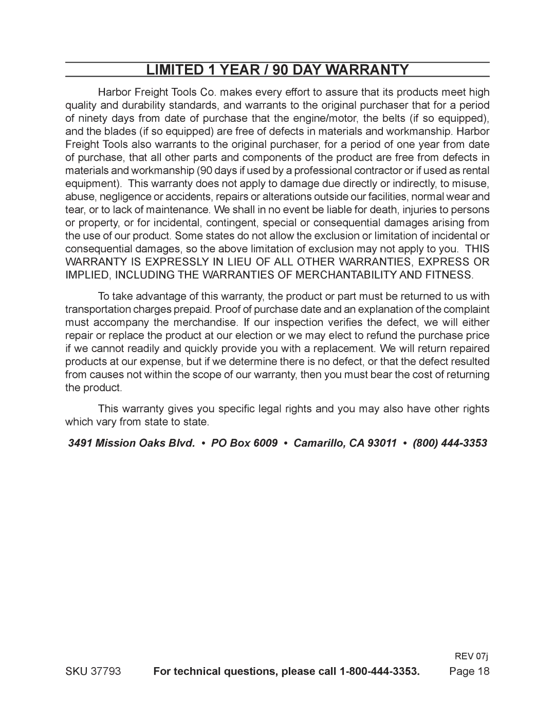 Harbor Freight Tools 37793 operating instructions Limited 1 year / 90 Day warranty 