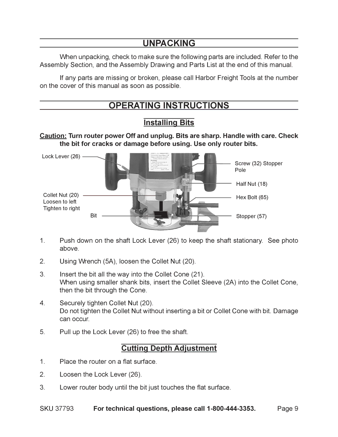 Harbor Freight Tools 37793 Unpacking, Operating Instructions, Installing Bits, Cutting Depth Adjustment 