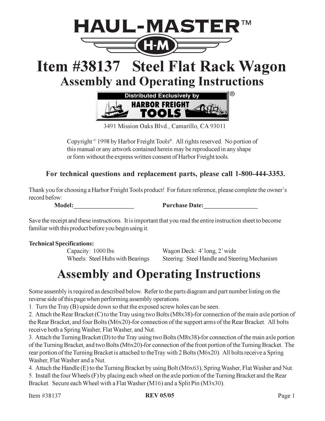 Harbor Freight Tools operating instructions Item #38137 Steel Flat Rack Wagon, Assembly and Operating Instructions 