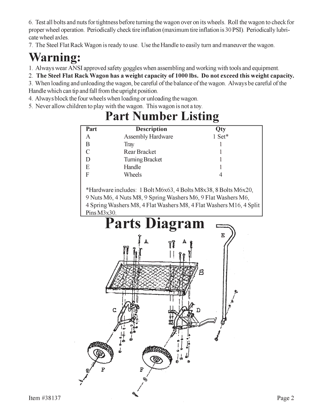 Harbor Freight Tools 38137 operating instructions Part Number Listing, Part Description Qty 