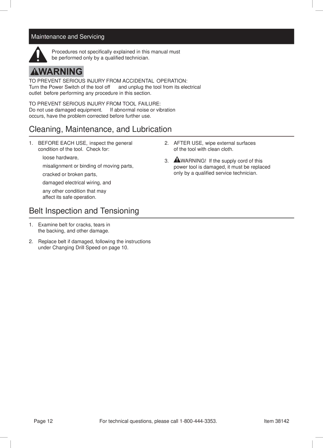 Harbor Freight Tools 38142 manual Cleaning, Maintenance, and Lubrication, Belt Inspection and Tensioning 