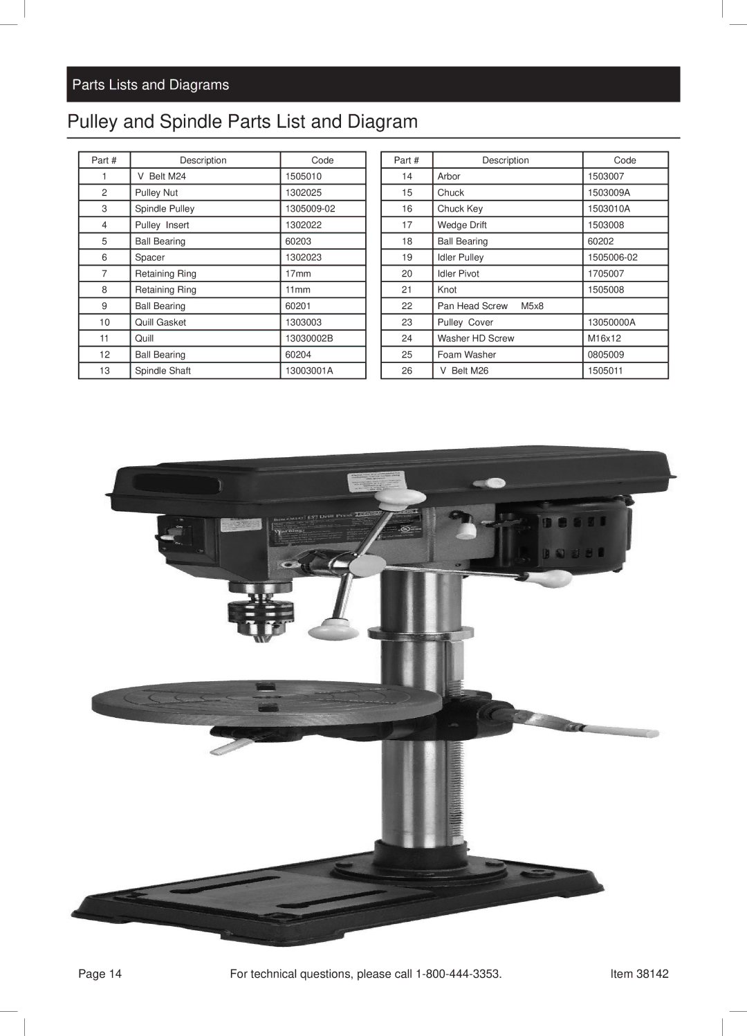 Harbor Freight Tools 38142 manual Pulley and Spindle Parts List and Diagram, Parts Lists and Diagrams 