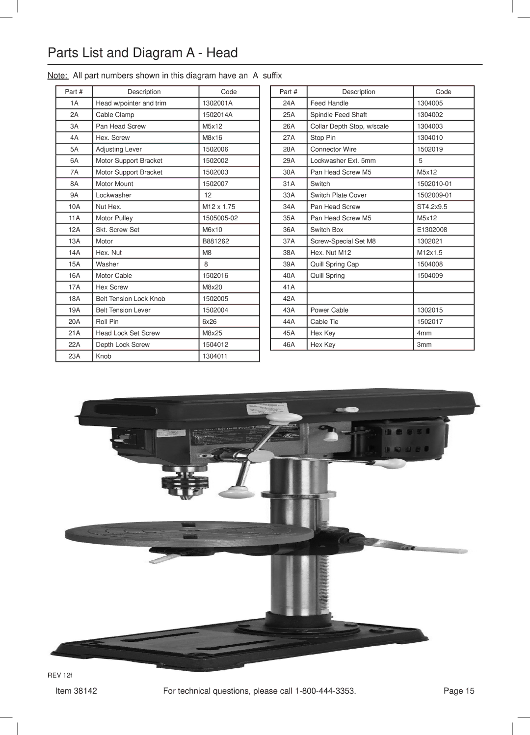 Harbor Freight Tools 38142 manual Parts List and Diagram a Head 