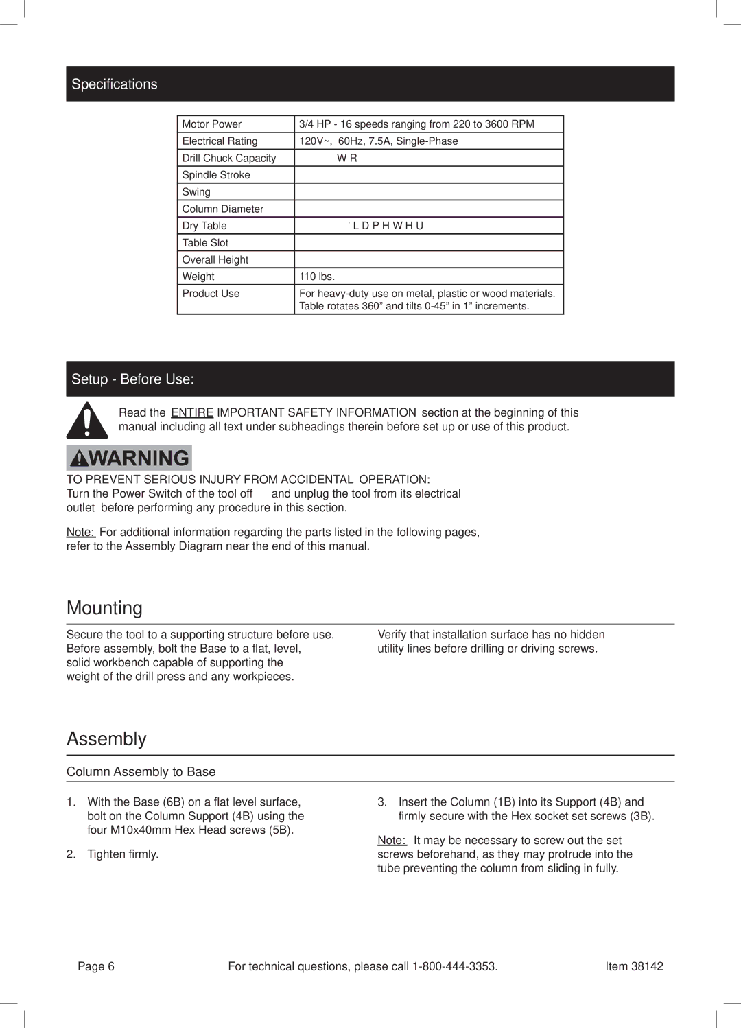 Harbor Freight Tools 38142 manual Mounting, Specifications, Setup Before Use, Column Assembly to Base 