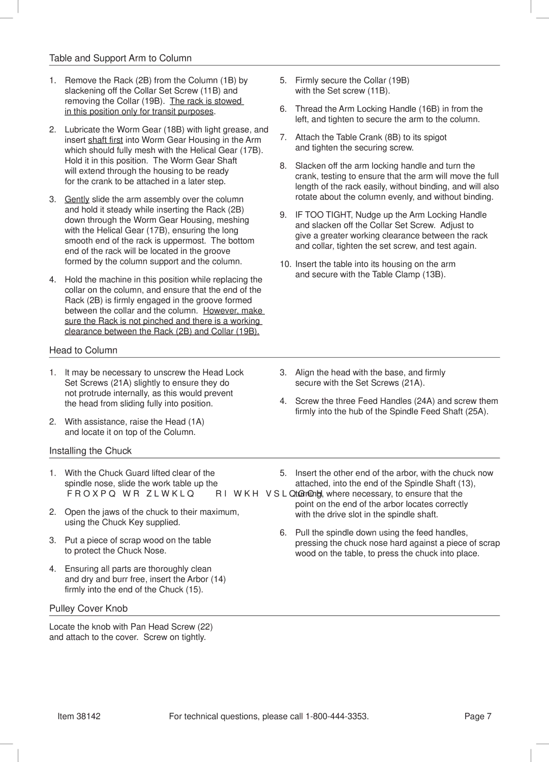 Harbor Freight Tools 38142 manual Table and Support Arm to Column, Head to Column, Installing the Chuck, Pulley Cover Knob 