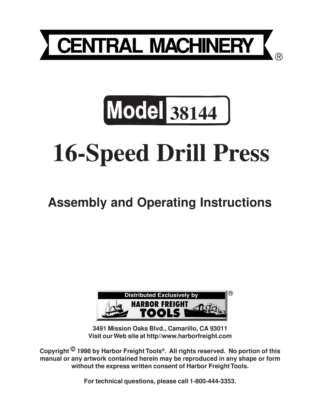 Harbor Freight Tools 38144 operating instructions Speed Drill Press 