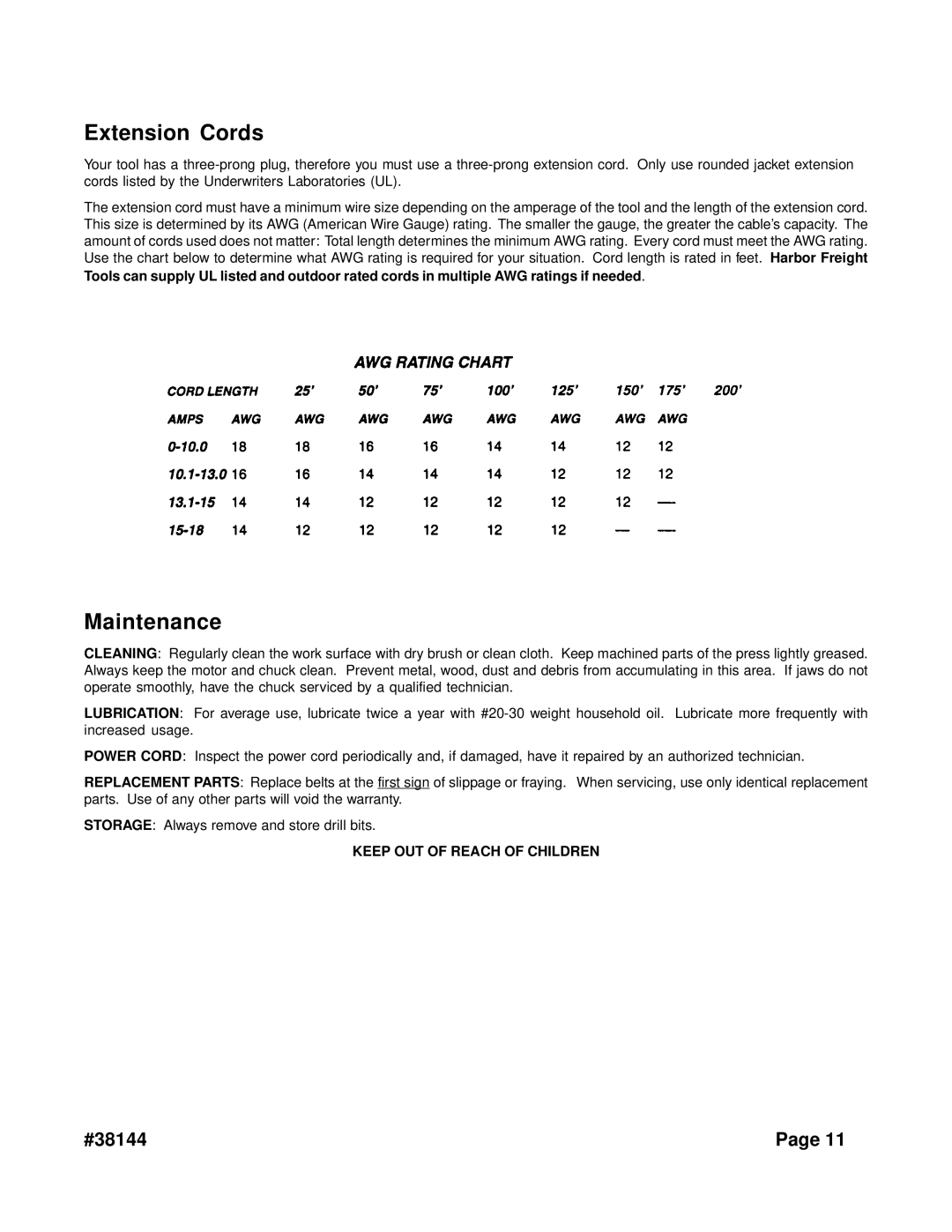 Harbor Freight Tools 38144 operating instructions Extension Cords, Maintenance 