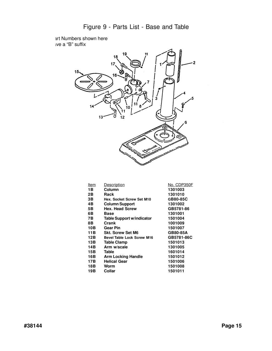 Harbor Freight Tools 38144 operating instructions Parts List Base and Table 