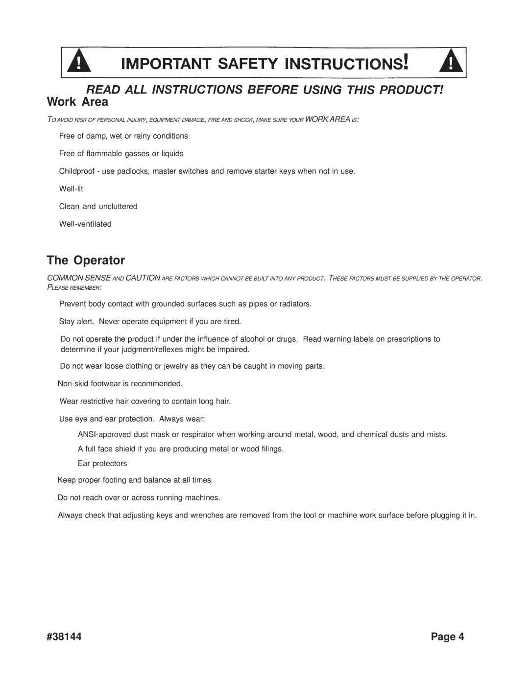 Harbor Freight Tools 38144 operating instructions Work Area, Operator 