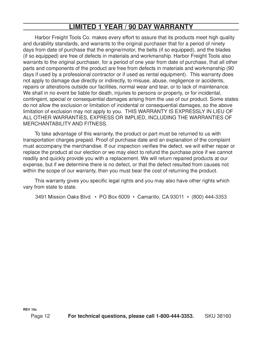 Harbor Freight Tools 38160 operating instructions Limited 1 year / 90 Day warranty 