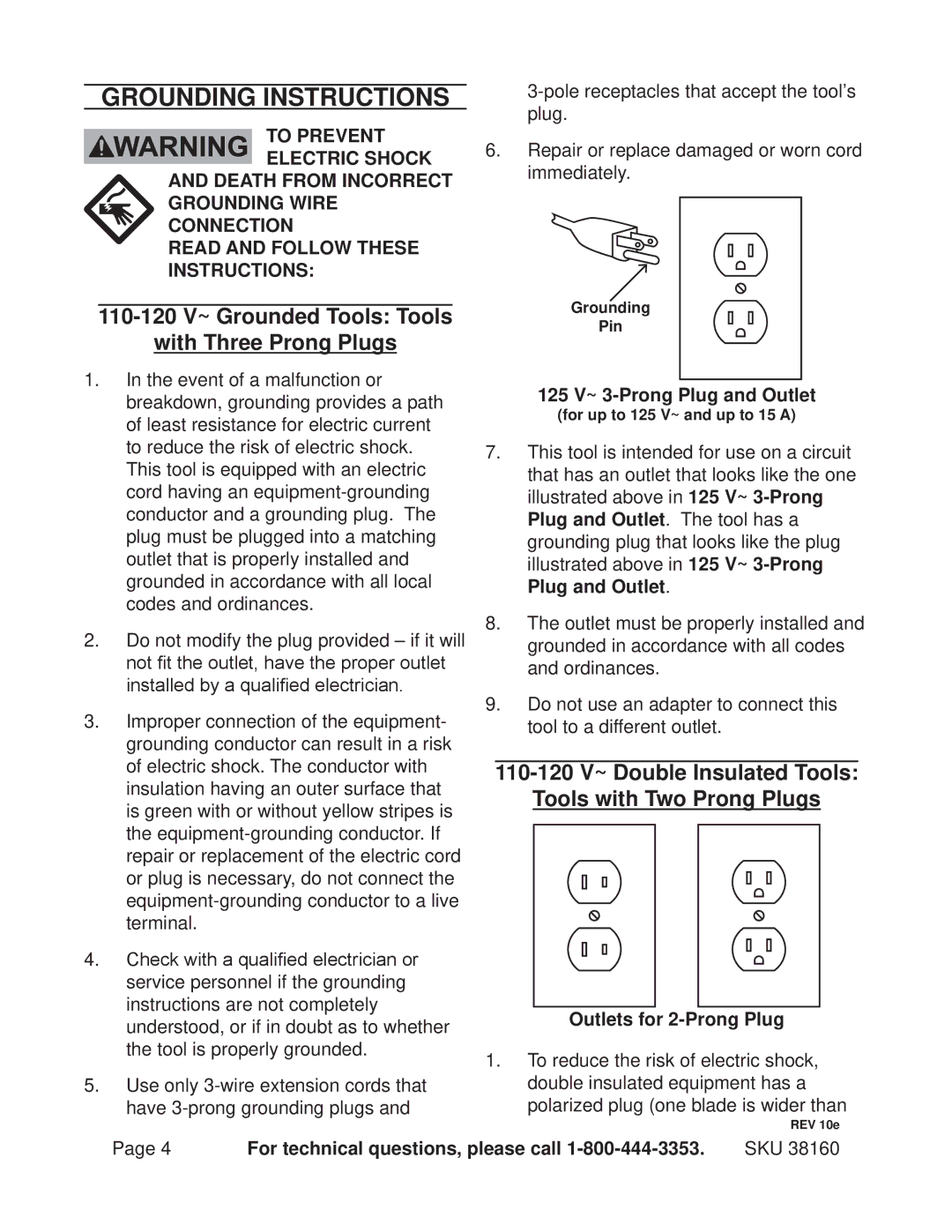 Harbor Freight Tools 38160 Grounding Instructions, 110-120 V~ Grounded Tools Tools With Three Prong Plugs 