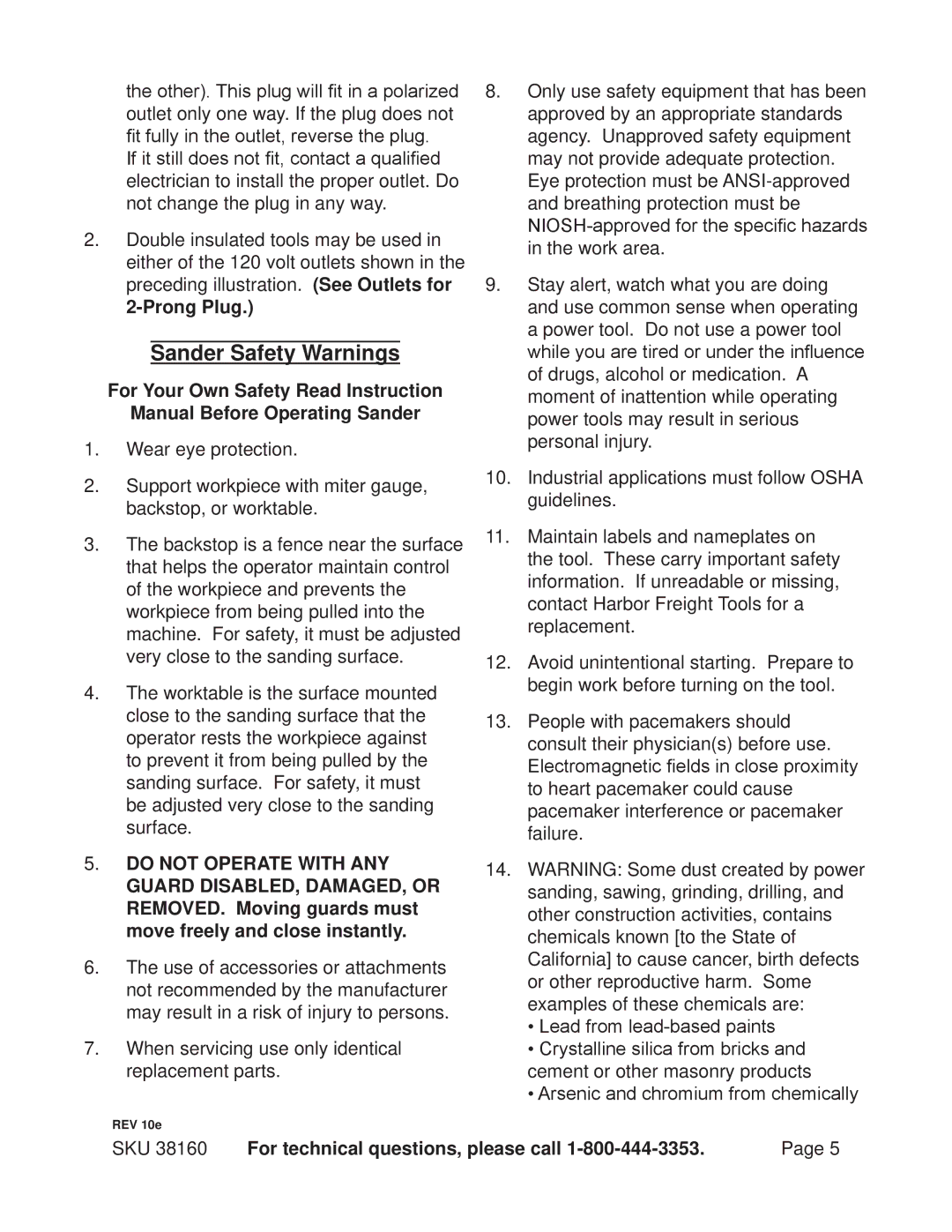 Harbor Freight Tools 38160 operating instructions Sander Safety Warnings 