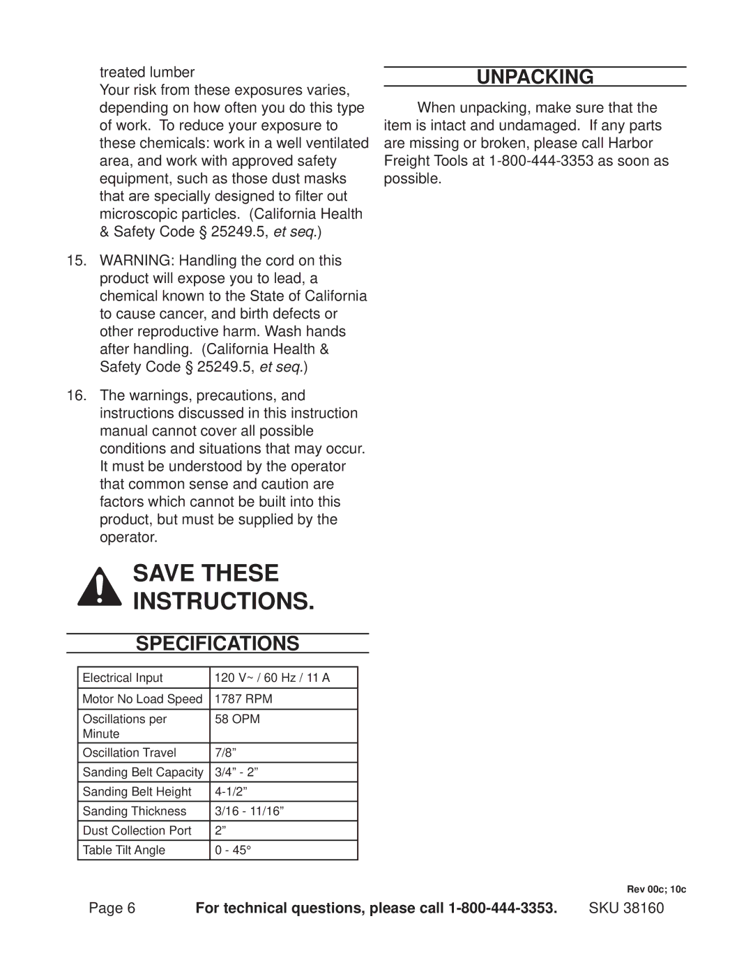 Harbor Freight Tools 38160 operating instructions Specifications, Unpacking 