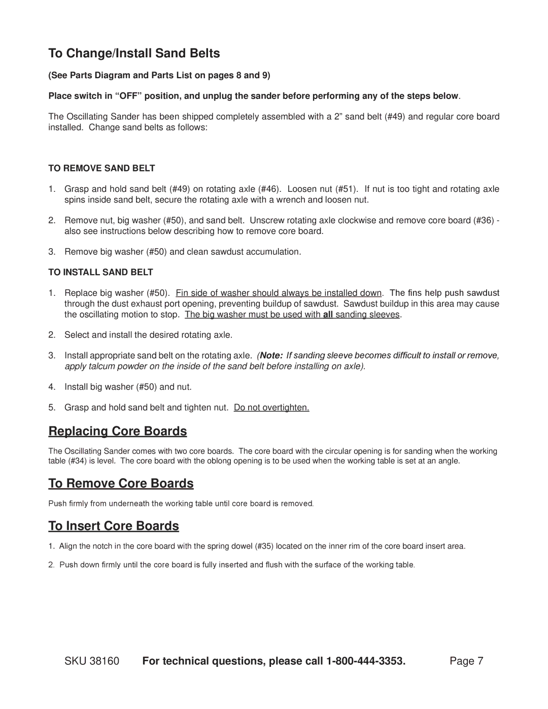 Harbor Freight Tools 38160 To Change/Install Sand Belts, Replacing Core Boards, To Remove Core Boards 