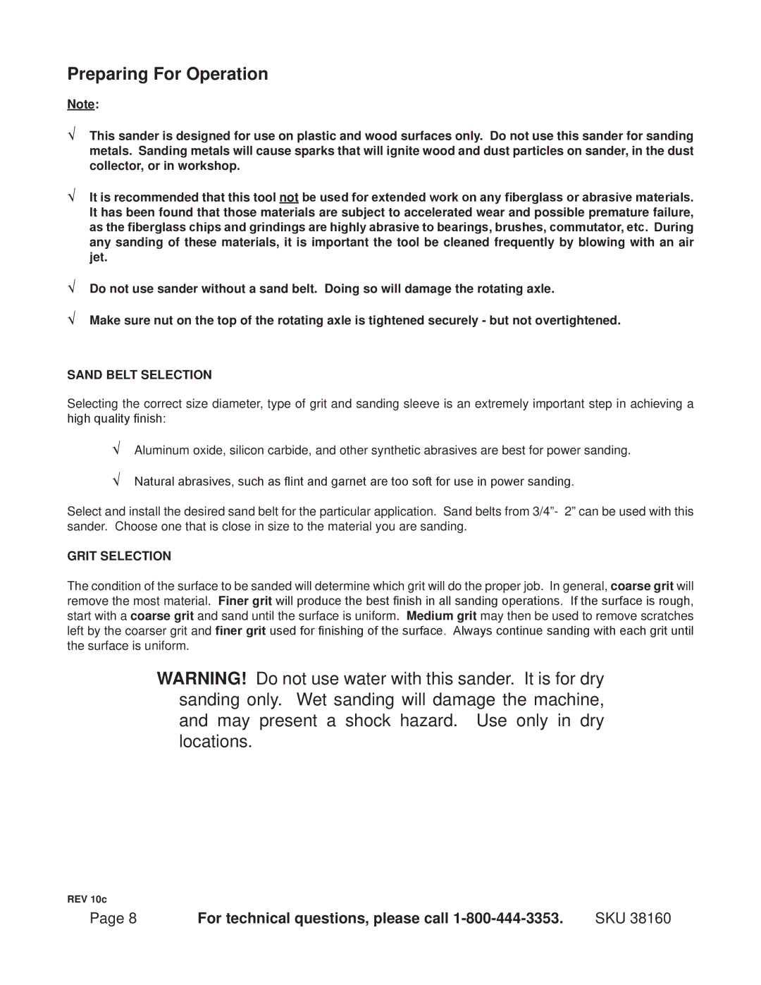 Harbor Freight Tools 38160 operating instructions Preparing For Operation, Sand Belt Selection, Grit Selection 