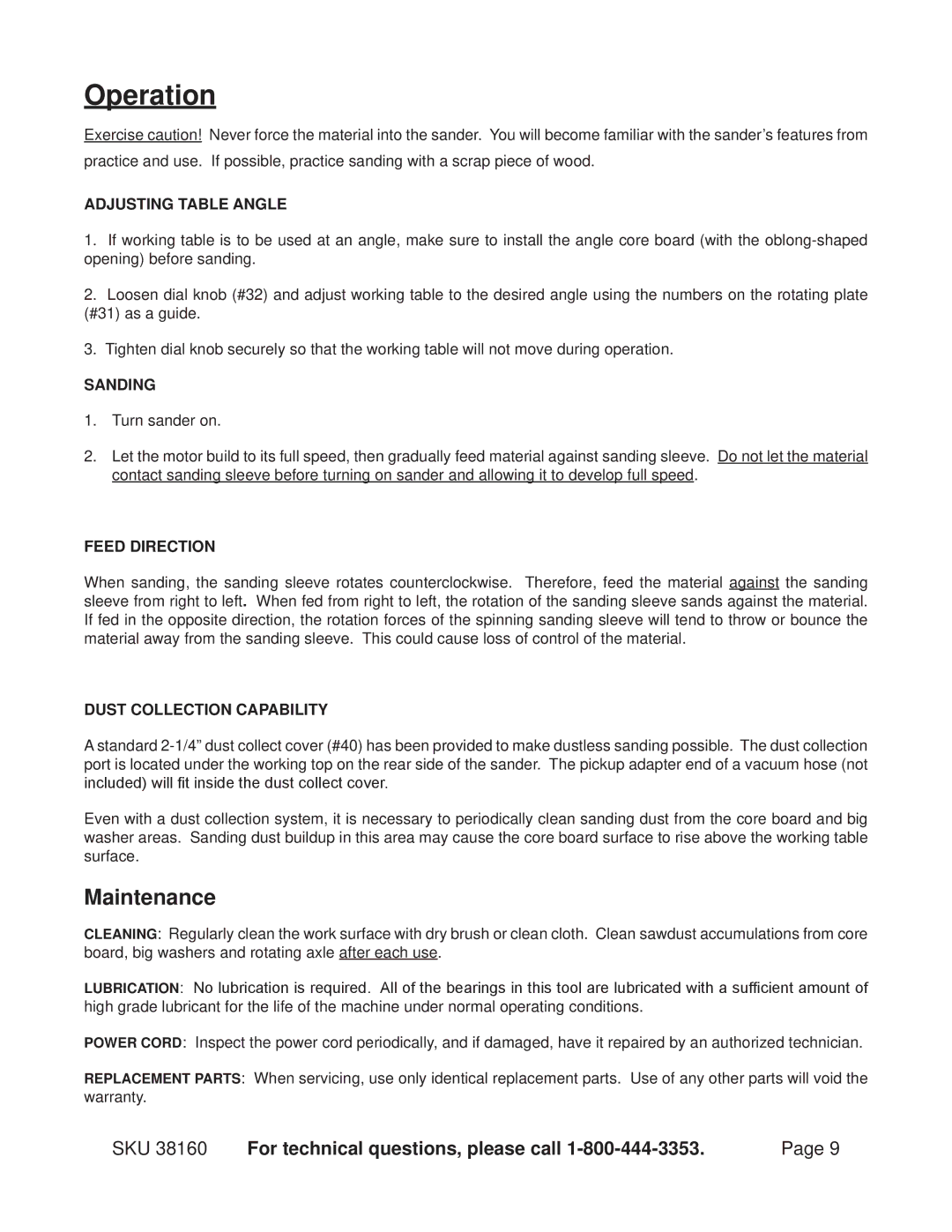 Harbor Freight Tools 38160 operating instructions Operation, Maintenance 