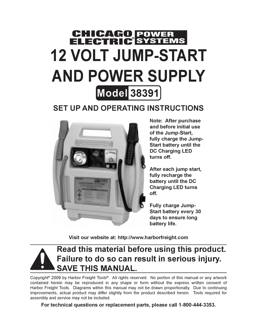 Harbor Freight Tools 38391 operating instructions Volt Jump-start and power supply 