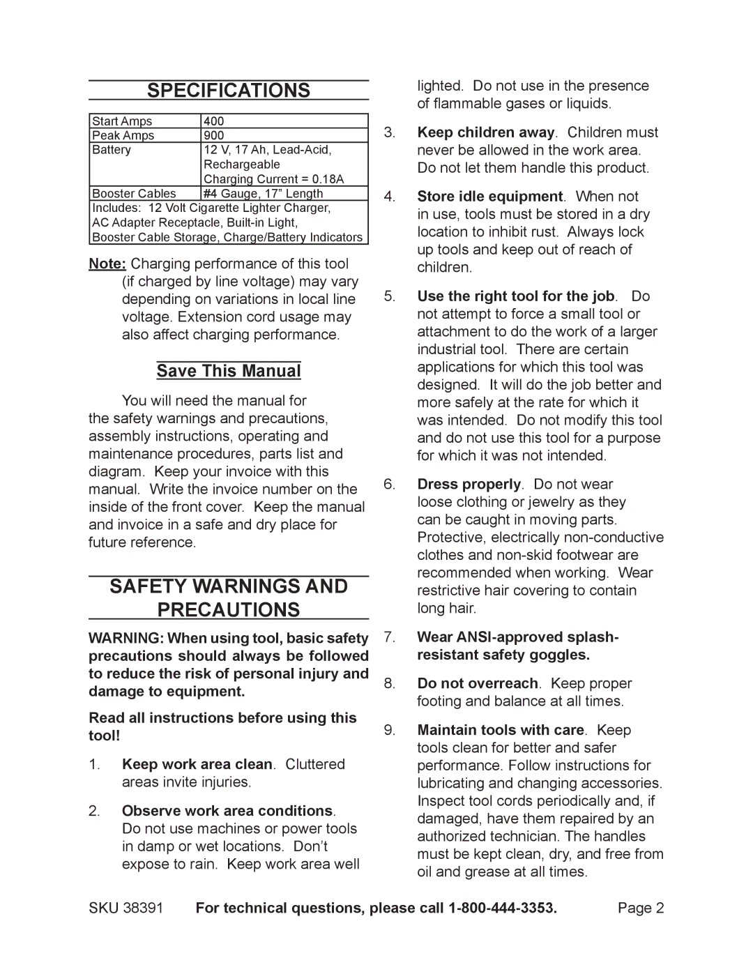 Harbor Freight Tools 38391 operating instructions Specifications, Safety Warnings Precautions, Save This Manual 