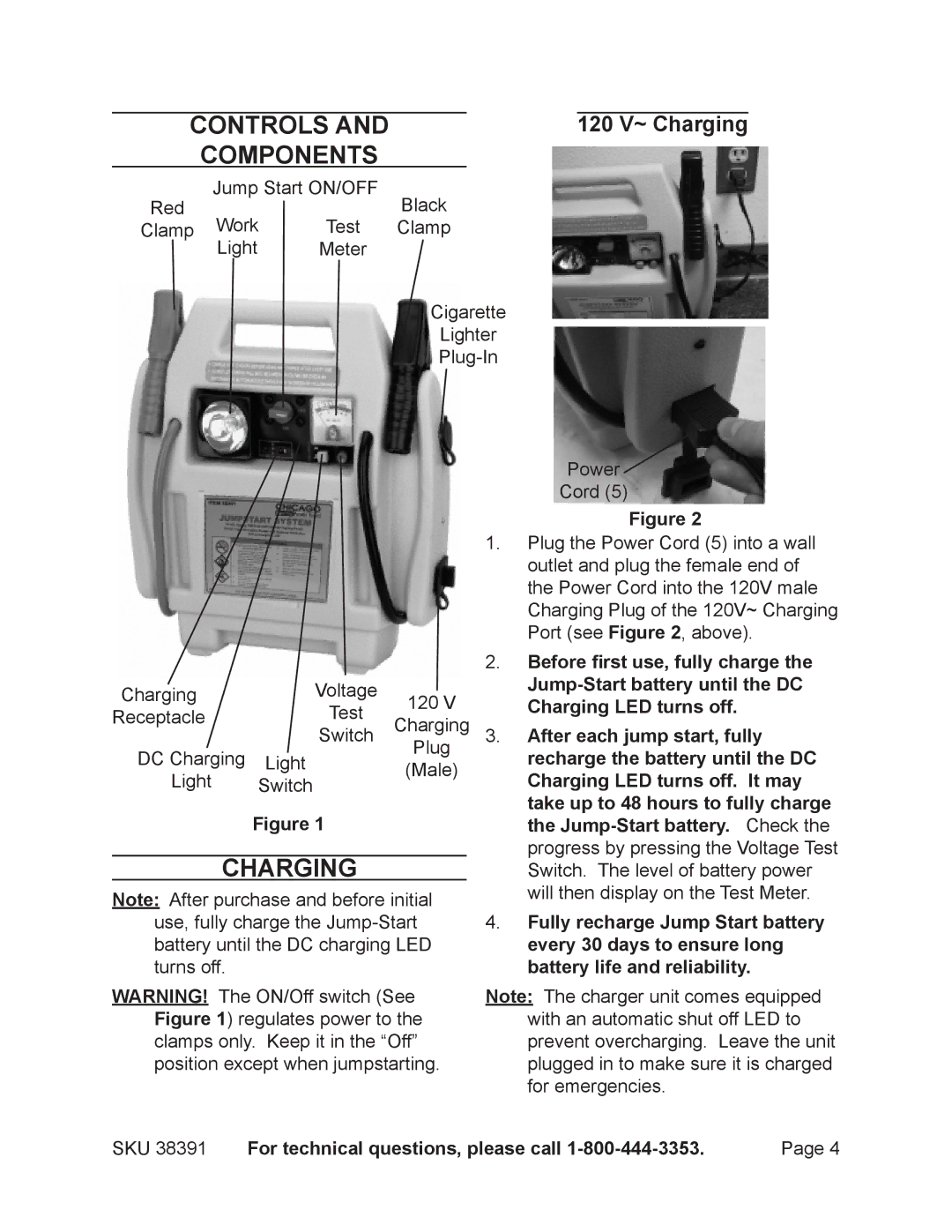 Harbor Freight Tools 38391 operating instructions Controls Components, 120 V~ Charging 