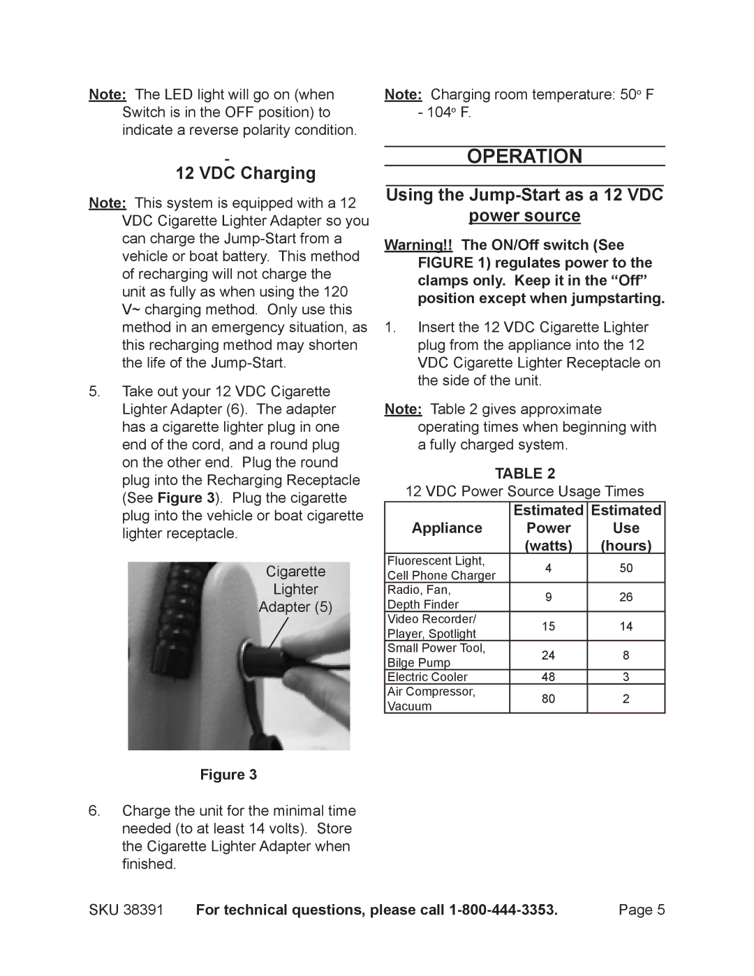 Harbor Freight Tools 38391 Operation, VDC Charging, Using the Jump-Start as a 12 VDC Power source, Estimated Appliance 