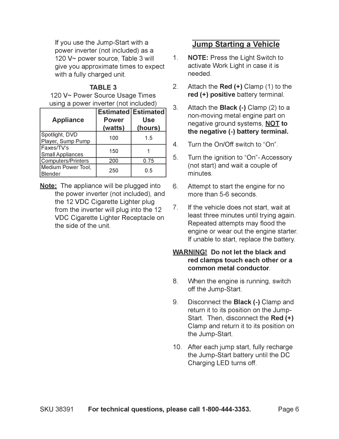 Harbor Freight Tools 38391 operating instructions Jump Starting a Vehicle 