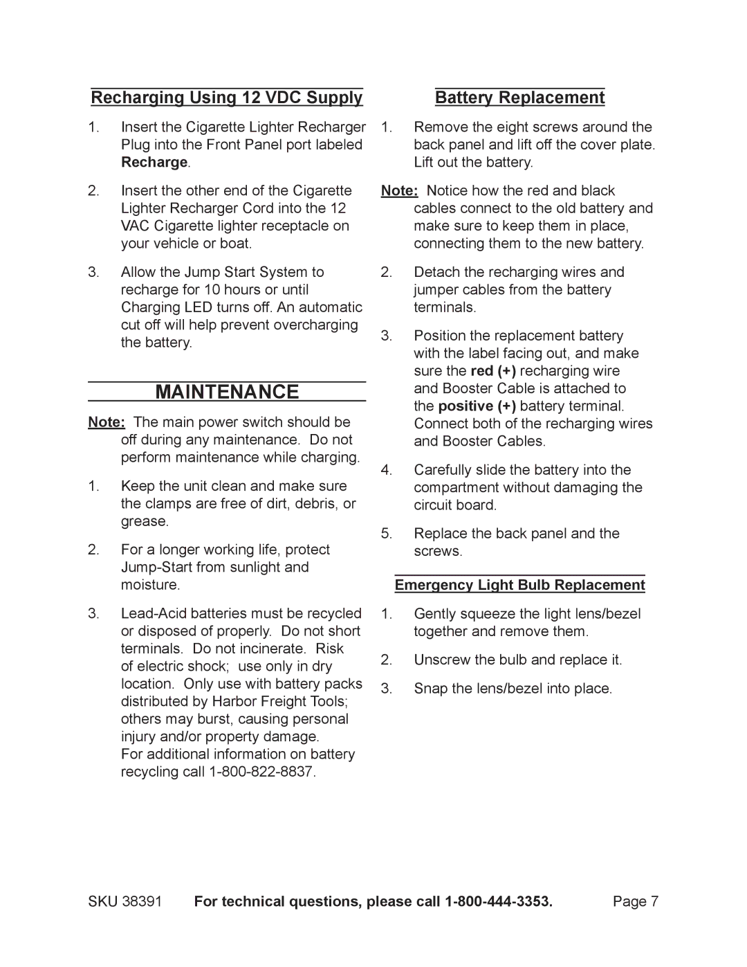 Harbor Freight Tools 38391 operating instructions Maintenance, Recharging Using 12 VDC Supply, Battery Replacement 