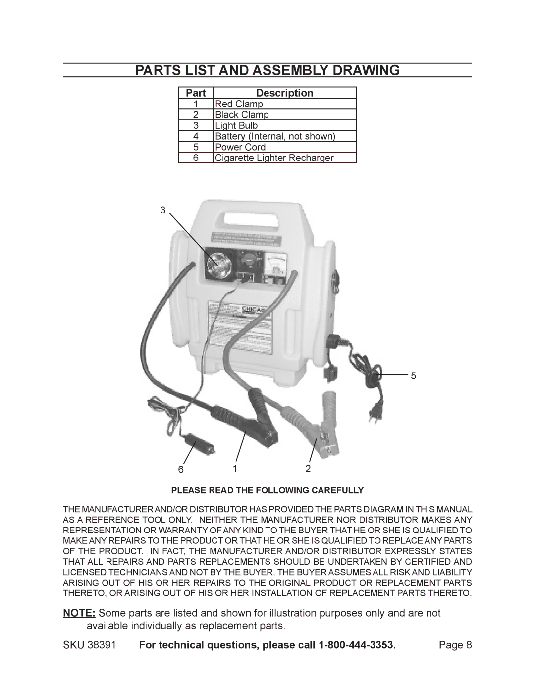 Harbor Freight Tools 38391 operating instructions Parts List and Assembly Drawing, Part Description 