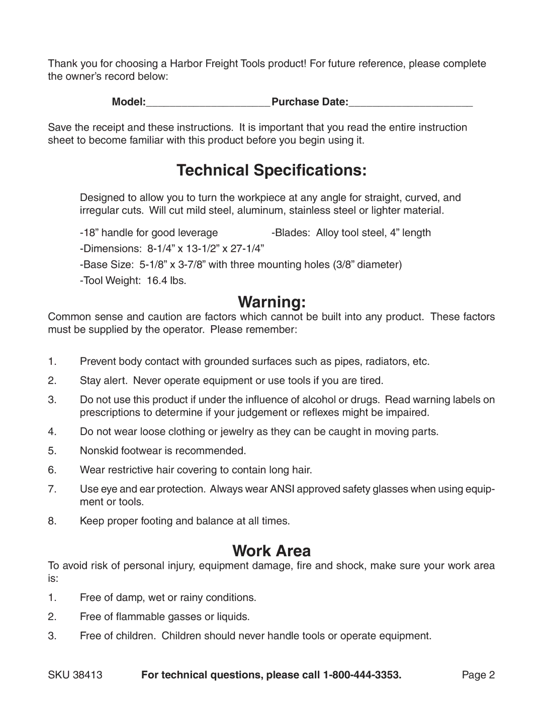 Harbor Freight Tools 38413 manual Technical Specifications, Work Area, ModelPurchase Date 