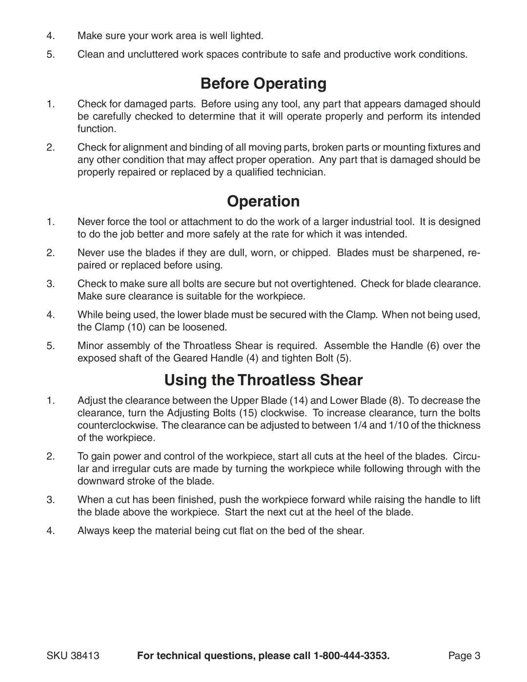 Harbor Freight Tools 38413 manual Before Operating, Operation, Using the Throatless Shear 