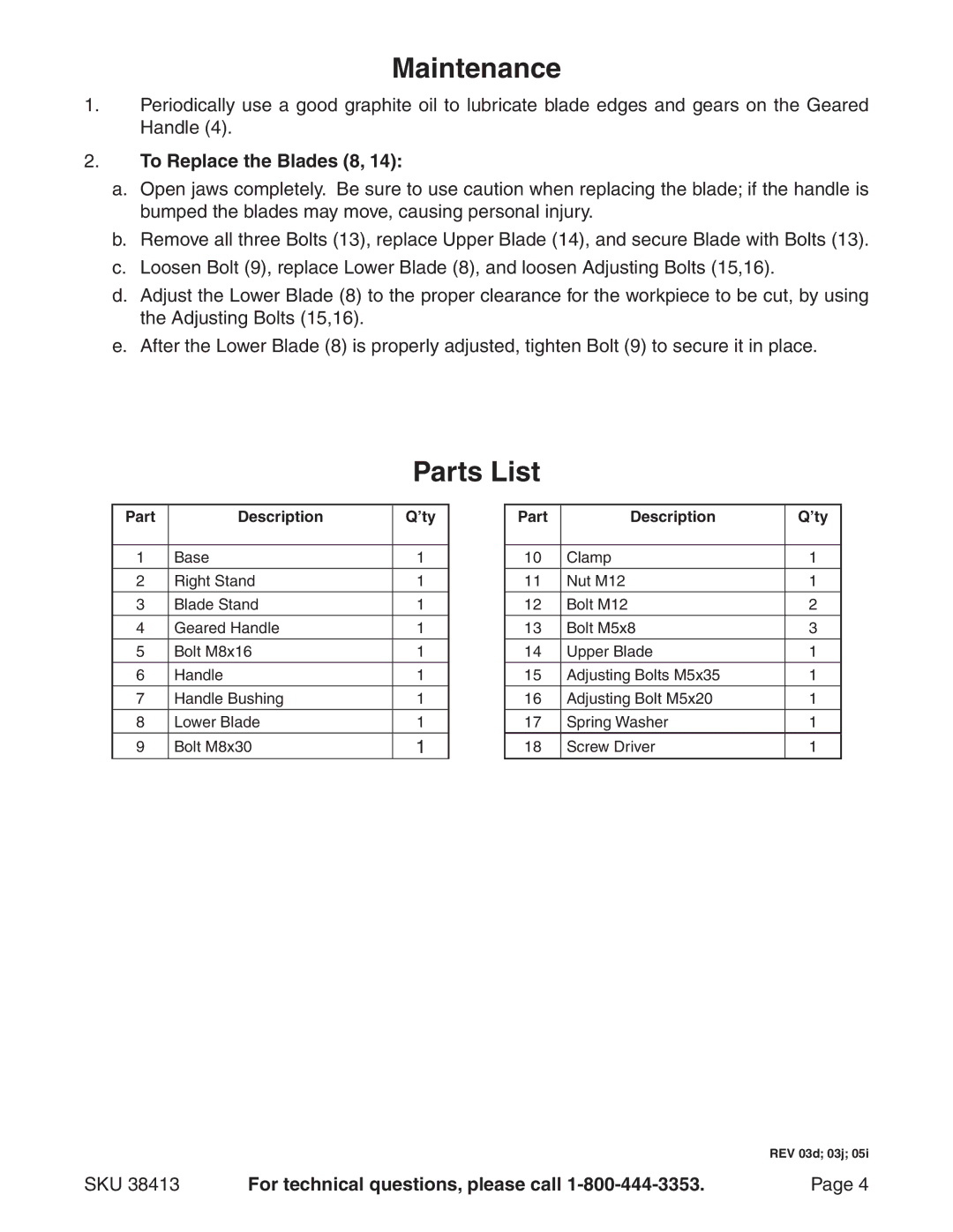 Harbor Freight Tools 38413 manual Maintenance, Parts List, To Replace the Blades 8 