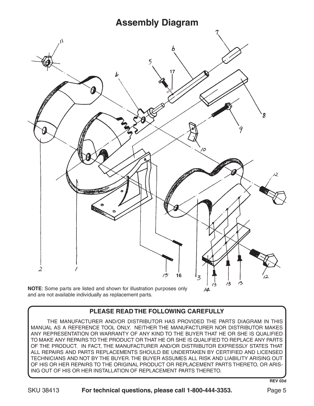 Harbor Freight Tools 38413 manual Assembly Diagram, Please Read the Following Carefully 