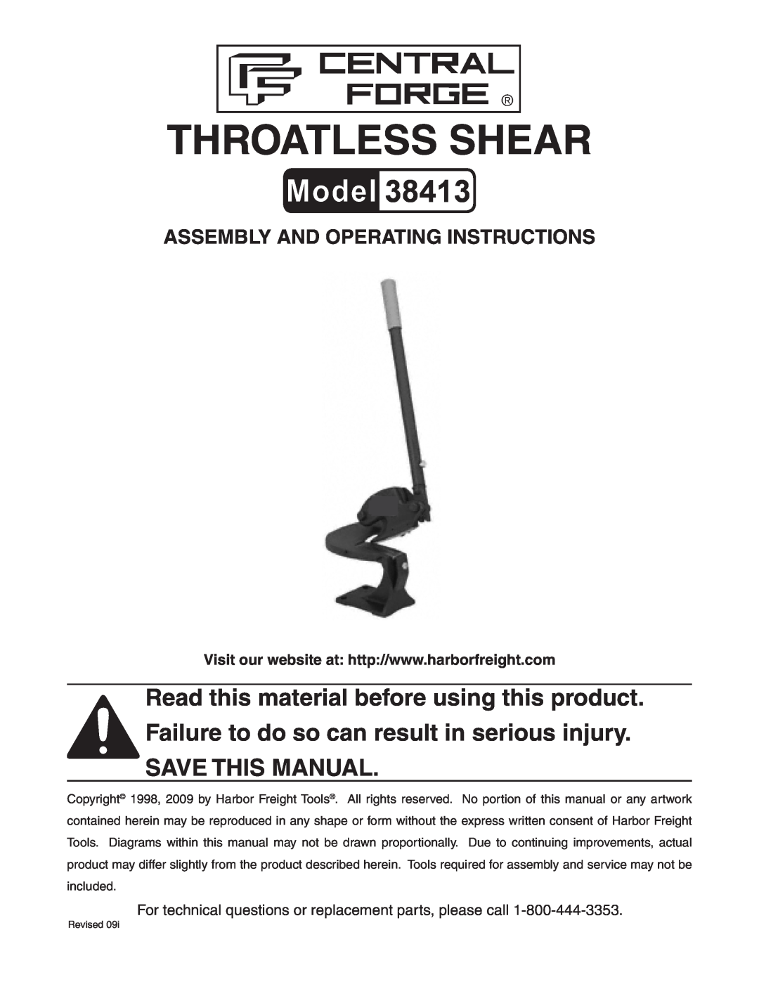 Harbor Freight Tools 38413 manual Assembly And Operating Instructions, Throatless Shear 