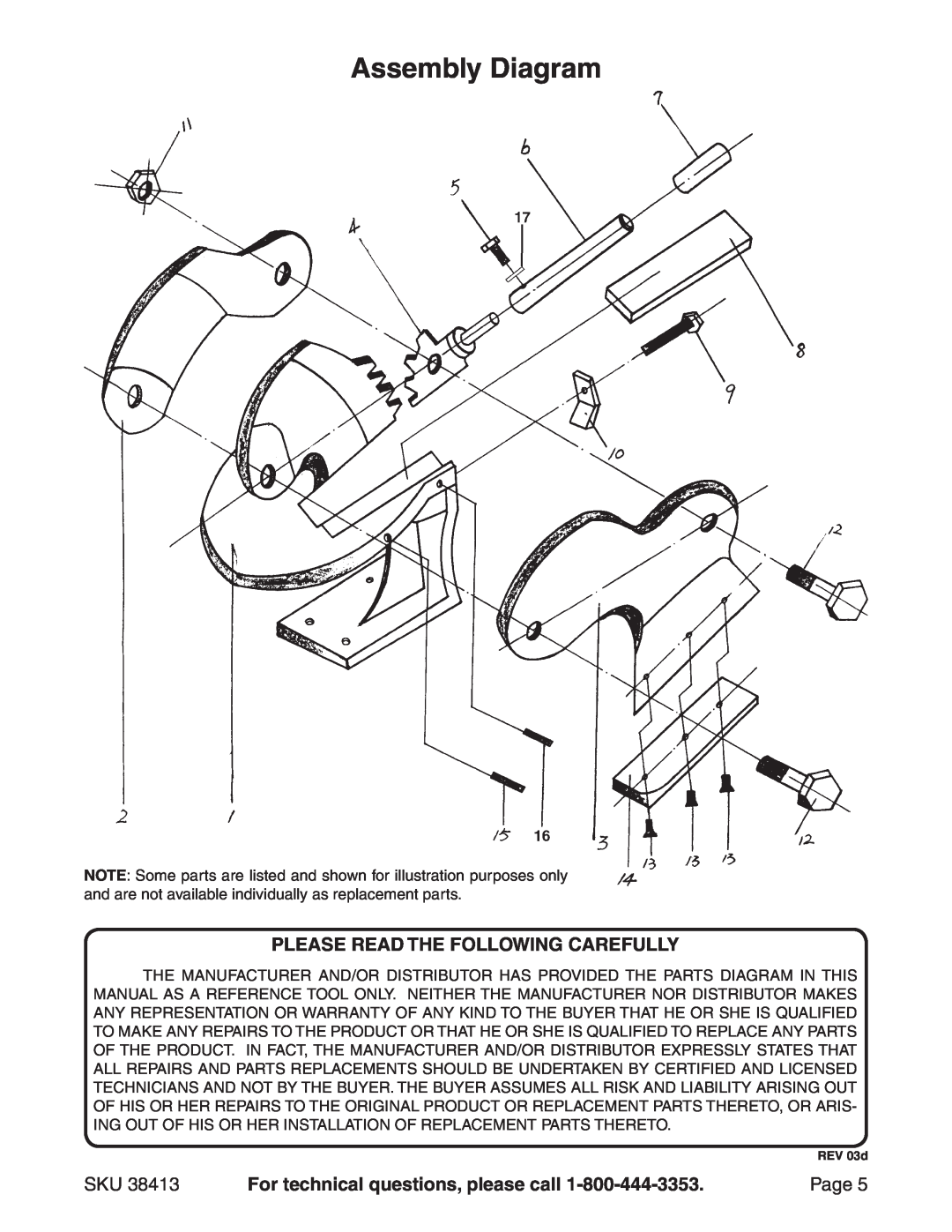 Harbor Freight Tools 38413 Assembly Diagram, Please Read The Following Carefully, For technical questions, please call 