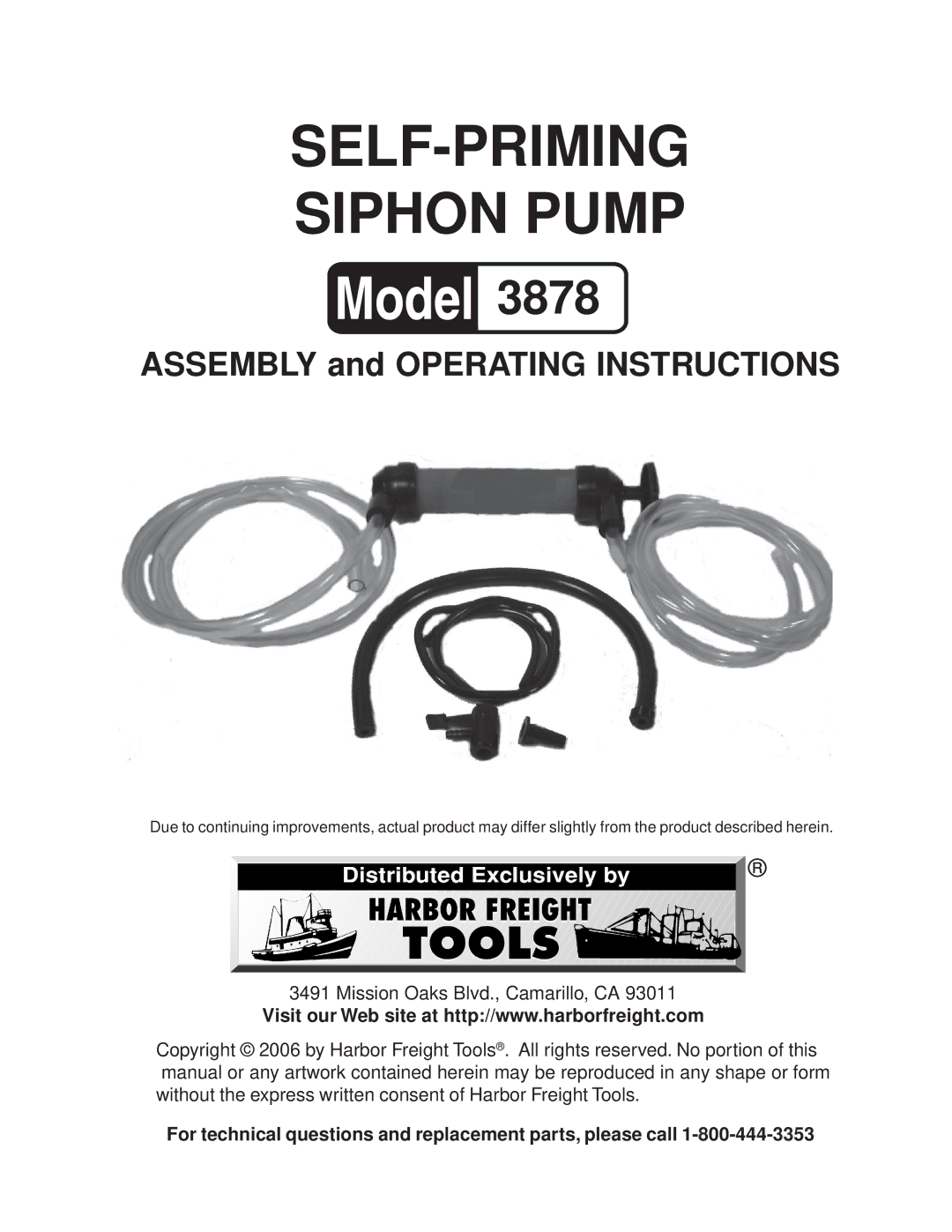 Harbor Freight Tools 3878 operating instructions SELF-PRIMING Siphon Pump 