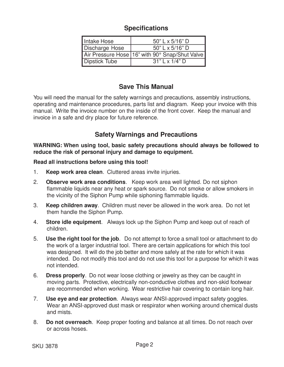 Harbor Freight Tools 3878 operating instructions Specifications, Save This Manual, Safety Warnings and Precautions 