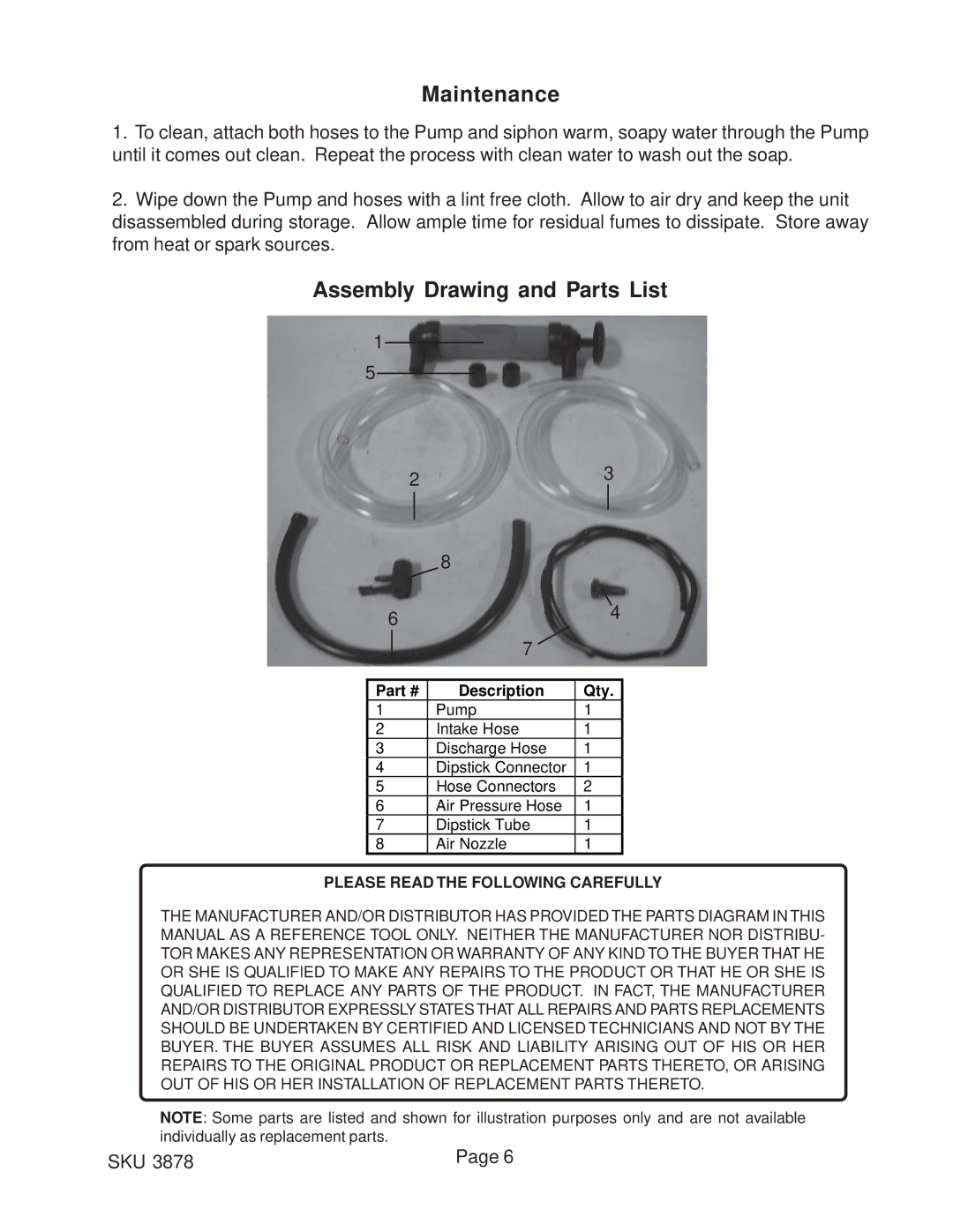 Harbor Freight Tools 3878 operating instructions Maintenance, Assembly Drawing and Parts List 