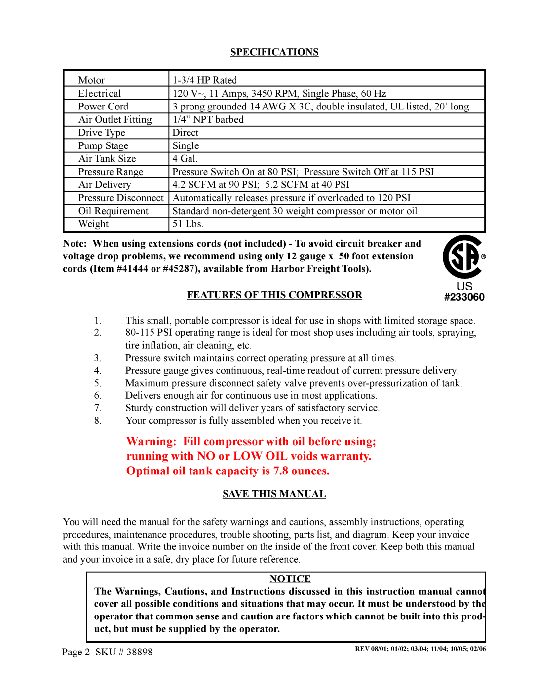 Harbor Freight Tools 38898 operating instructions Specifications, Features of this Compressor, Save this Manual 