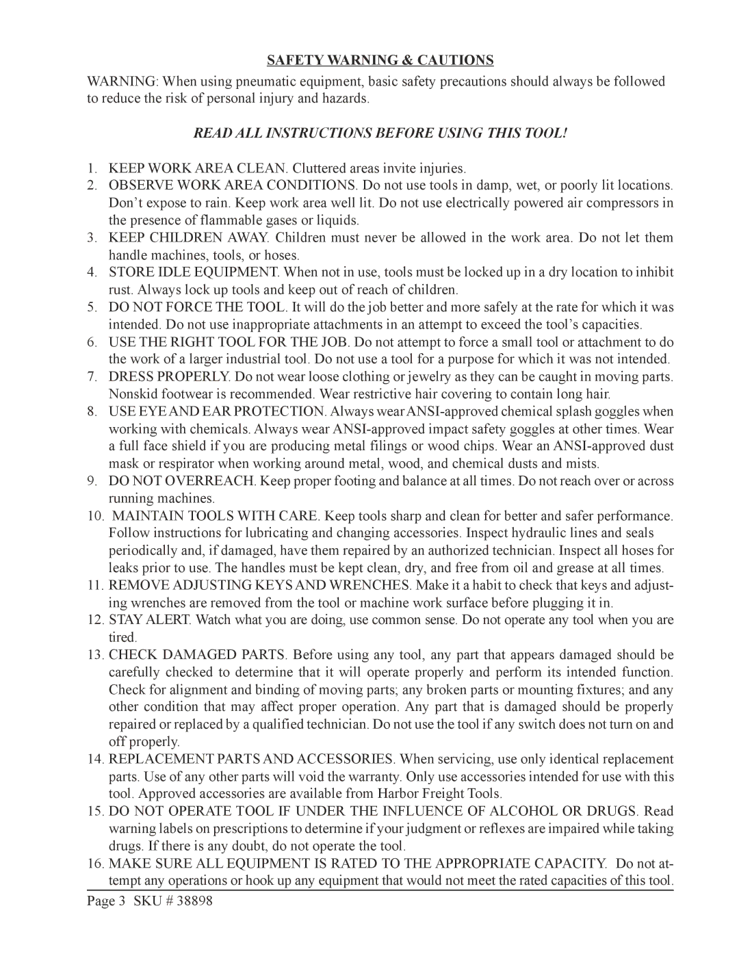 Harbor Freight Tools 38898 operating instructions Safety Warning & Cautions, Read ALL Instructions Before Using this Tool 