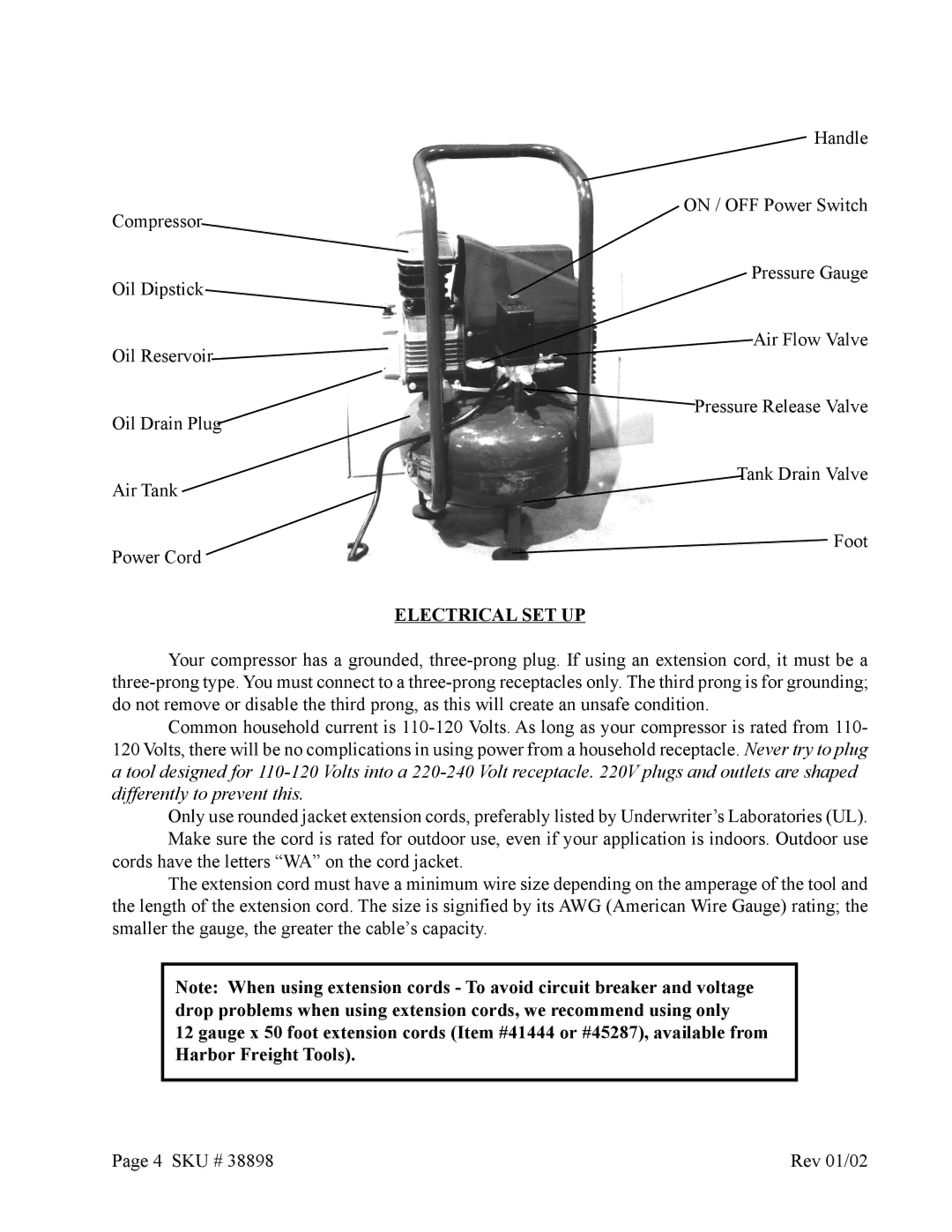 Harbor Freight Tools 38898 operating instructions Electrical SET UP 