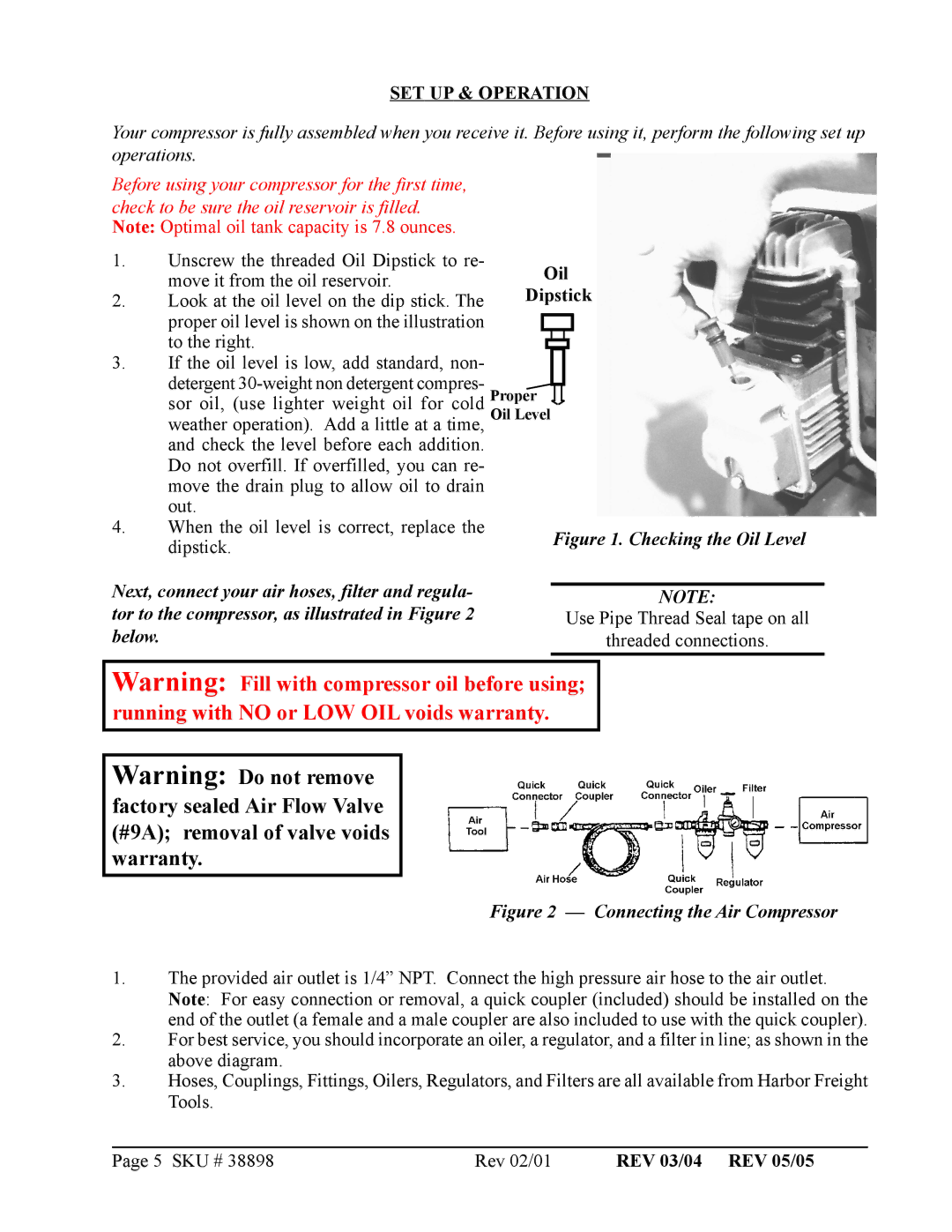 Harbor Freight Tools 38898 operating instructions SET UP & Operation, Oil Dipstick, REV 03/04 REV 05/05 