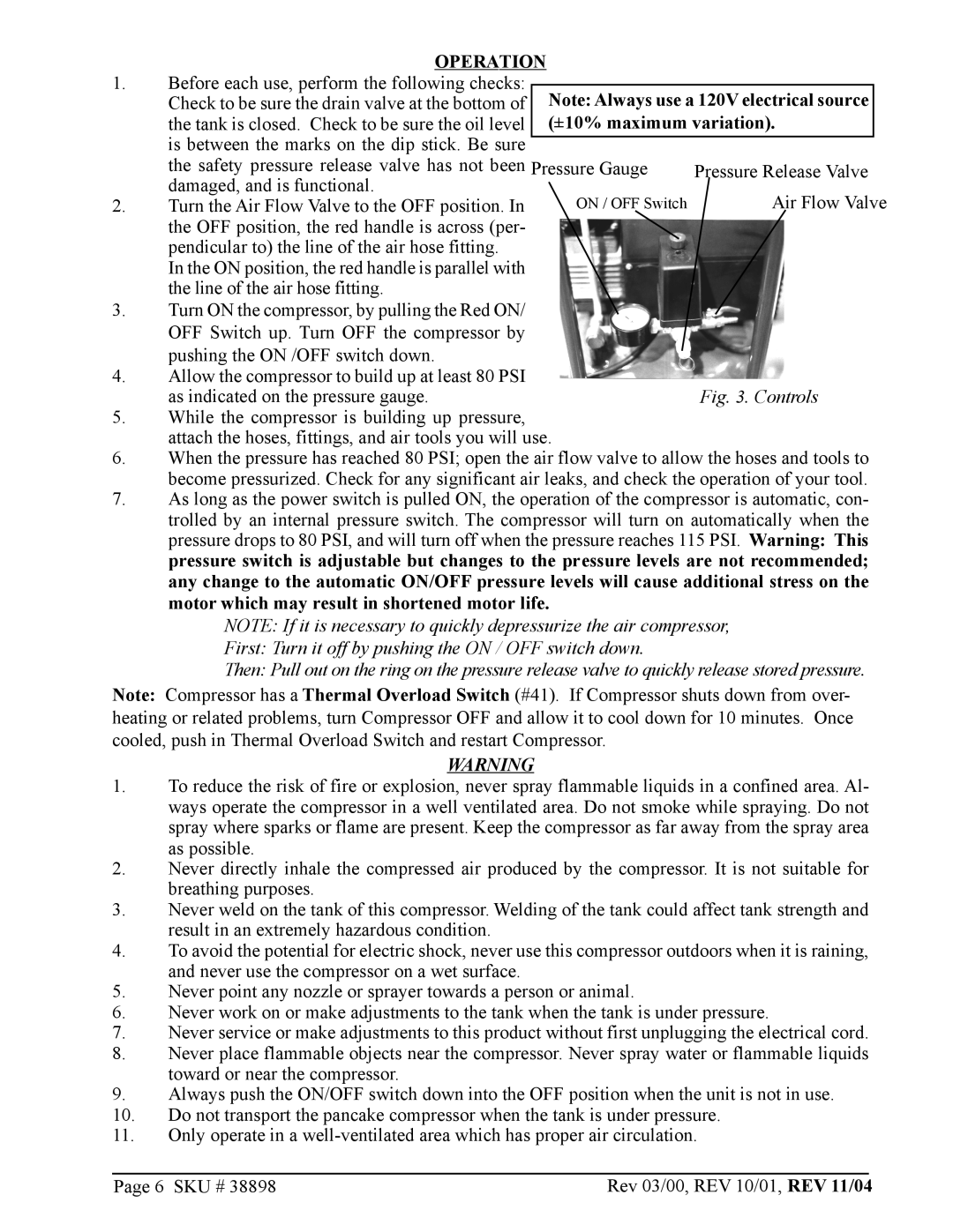 Harbor Freight Tools 38898 operating instructions Operation, ±10% maximum variation 