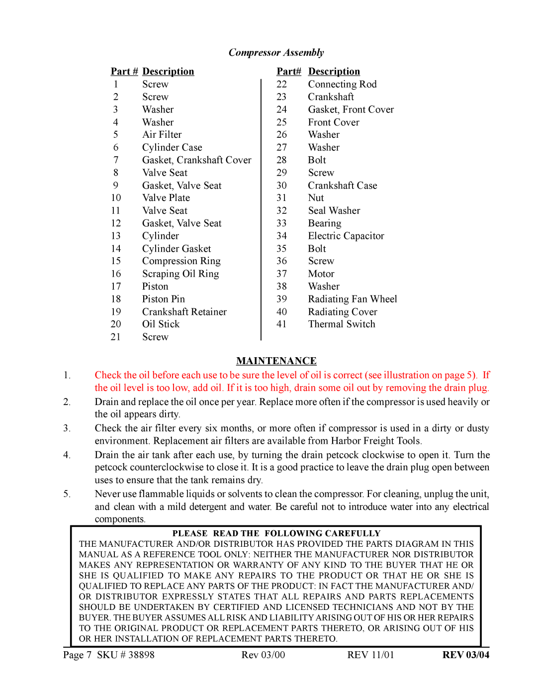 Harbor Freight Tools 38898 operating instructions Part# Description, Maintenance 