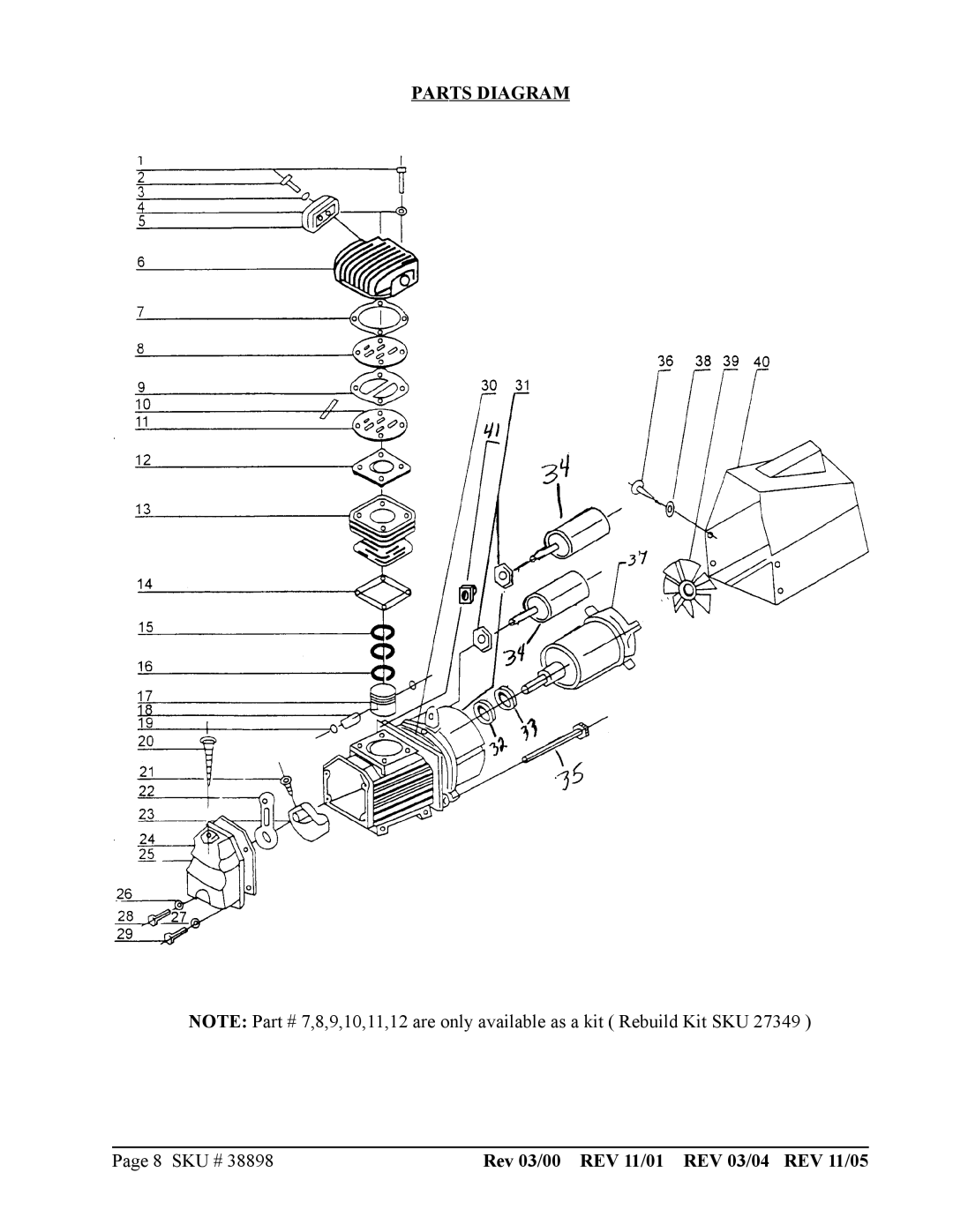 Harbor Freight Tools 38898 operating instructions Parts Diagram, Rev 03/00 REV 11/01 REV 03/04 REV 11/05 